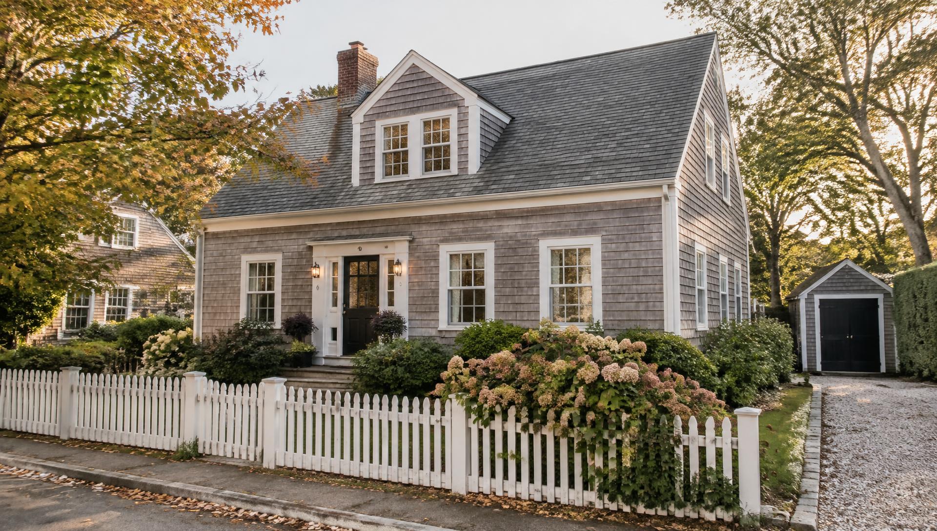 Shingled Cape-style house behind a white picket fence