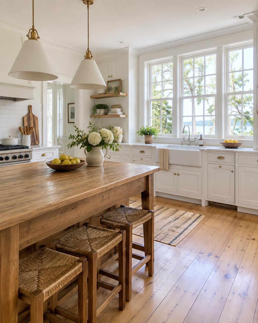 Bright New England kitchen with wide pine floors